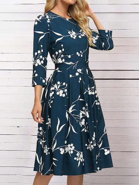 

Ruched Vacation Floral Three Quarter Knit Dress, Dark blue, Dresses