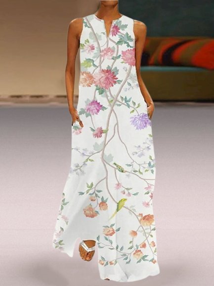 

Floral Sleeveless Notched Plus Size Casual Woven Dress, White, Maxi Dresses