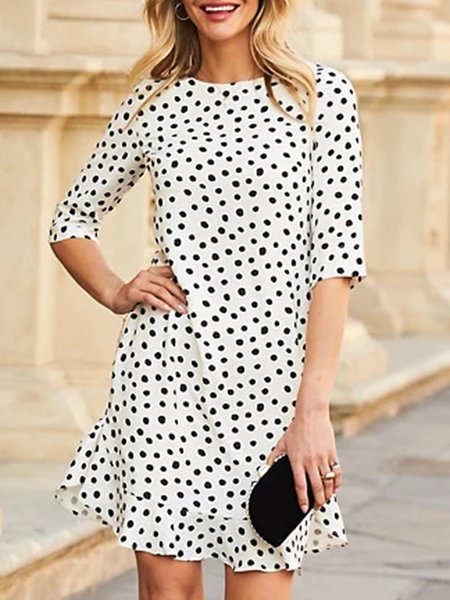 

Polka Dots Elegant Crew Neck Half Sleeve Dress, White, Mini Dresses