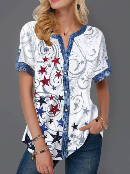 

Star V Neck Casual Long Sleeve Tops, White, T-Shirts