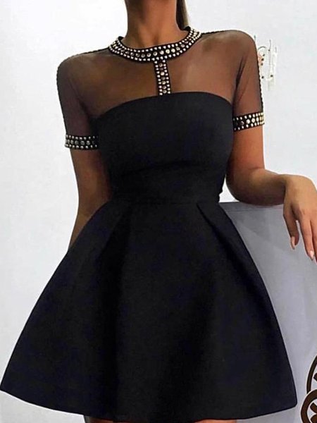 

Crew Neck Elegant Short Sleeve Knit Mini Dress, Black, Mini Dresses