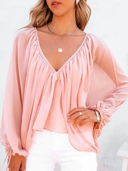 

Chiffon V Neck Raglan Sleeve Long Sleeve Top, Pink, Tops