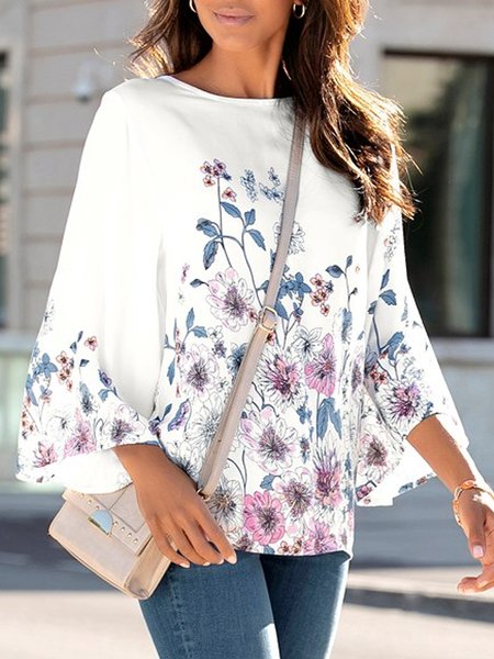 

Loosen Floral Casual Cotton Blends Crew Neck Long Sleeve Tops, White, Tunics