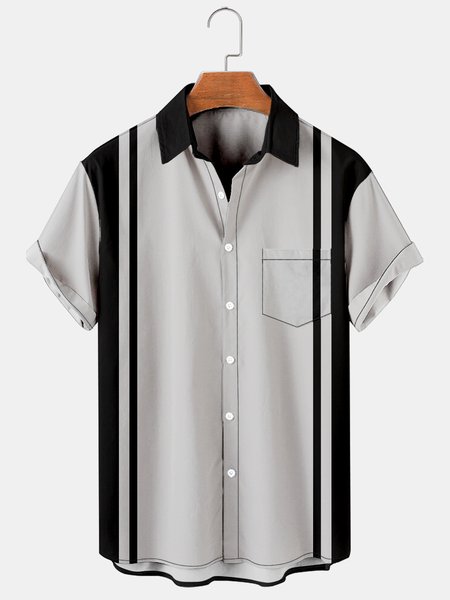 

Mens Striped Print Lapel Loose Chest Pocket Short Sleeve Funky Hawaiian Shirts, Gray, Men's Floral shirt