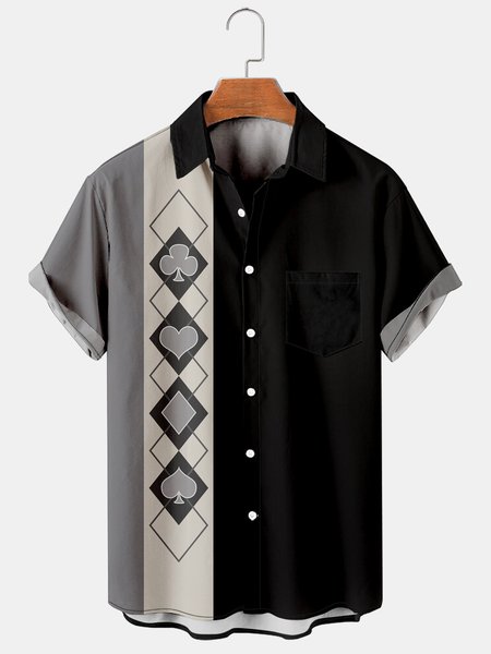 

Mens Poker Symbols Print Lapel Loose Chest Pocket Short Sleeve Funky Bowling Shirts, Black, Men's Floral shirt