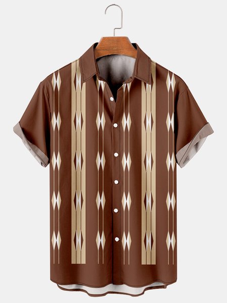 

Mens Retro Striped Print Lapel Loose Short Sleeve Funky Hawaiian Shirts, Brown, Men's Floral shirt