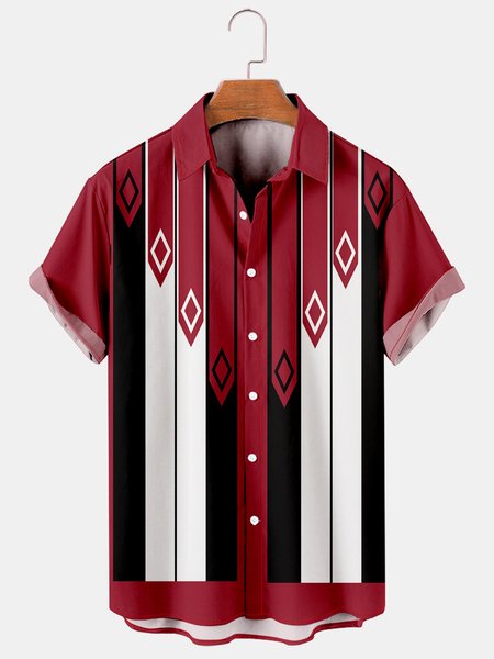 Mens Retro Geo Print Lapel Loose Short Sleeve Funky Hawaiian Shirts, Red, Men's Floral shirt