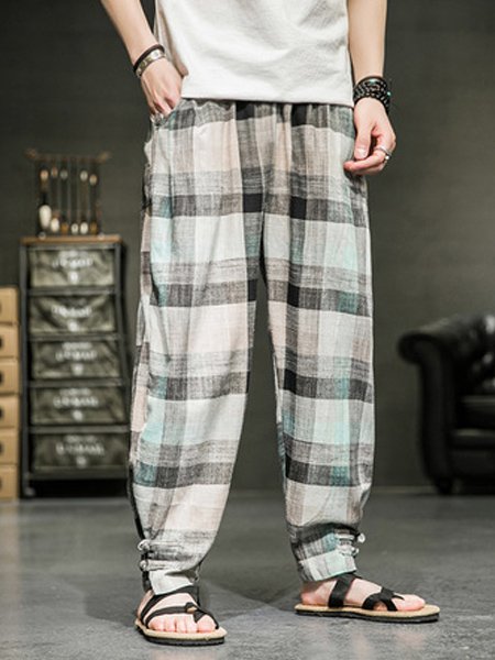 Men's Cotton Linen Comfortable Plaid Loose Casual Ninth Pants, Green, Pants