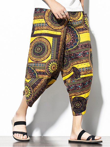 

Men's Cotton Linen Comfortable Trend Loose Large Size Wide Leg Pants, Yellow, Pants