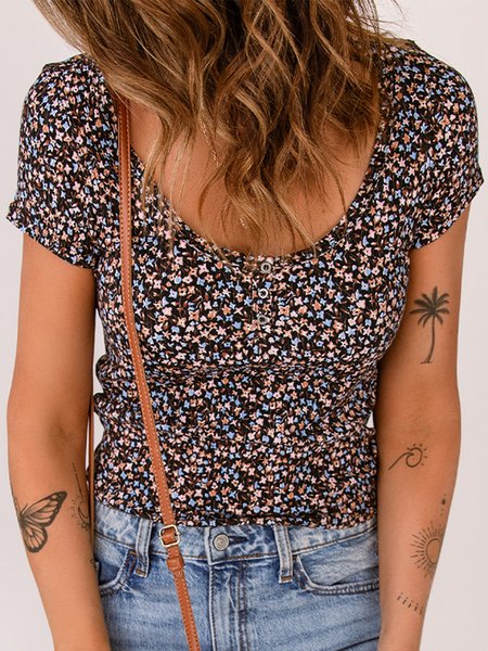 

Crew Neck Floral Short Sleeve T-Shirt, Multicolor, Tees & T-shirts