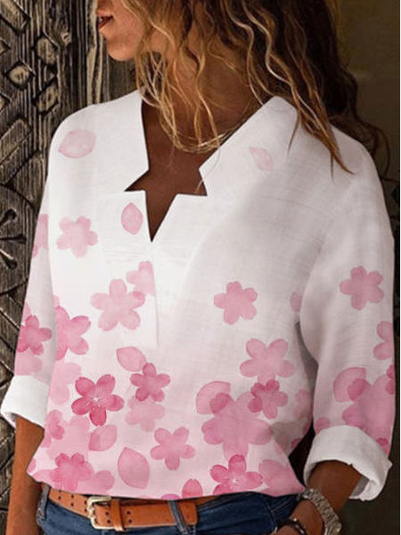 

Floral V Neck Loosen Long Sleeve Tops, White, Shirts & Blouses
