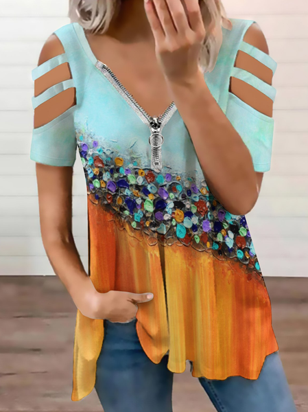 

Casual Abstract Contrast Print Short Sleeve Top, As picture, Blouses