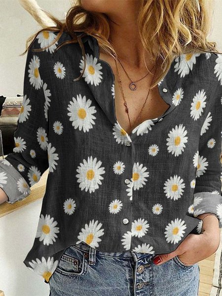 

Casual Shirt Collar Floral Long Sleeve Tops, Black, Tops
