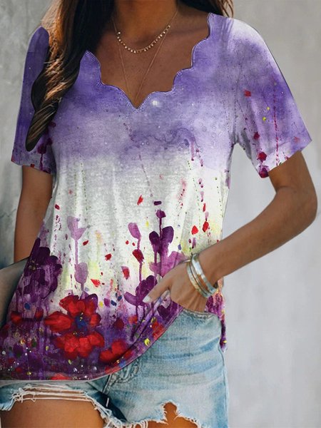 

Vacation Floral V Neck Regular Fit Short Sleeve T-Shirt, Multicolor, T-Shirts