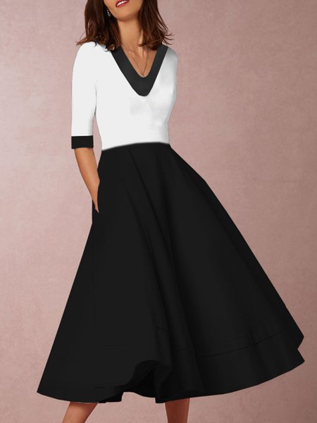 

Color Block Elegant V Neck Half Sleeve Dress, Black-white, Midi Dresses
