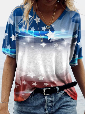 

Casual Loosen Flag V Neck Short Sleeve Tops, Multicolor, T-Shirts
