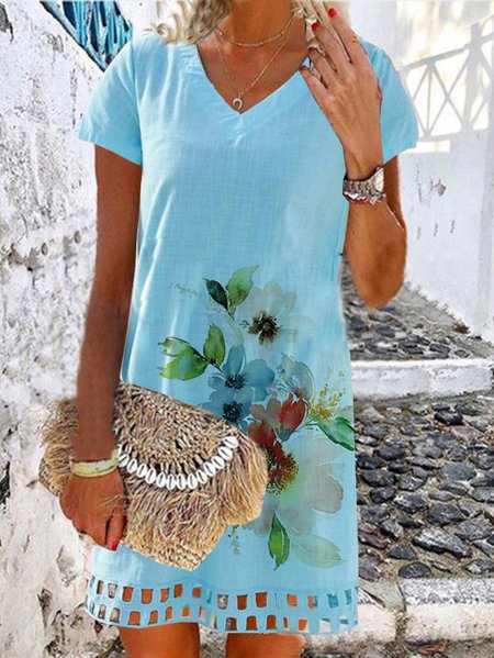

Floral Short Sleeve Woven Dress, Blue, Dresses