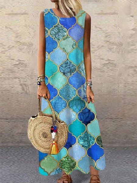 

Geometric Casual Sleeveless Loosen A-line Dresses, Blue, Maxi Dresses