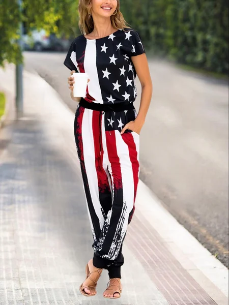 

Crew Neck Star Jumpsuit & Romper, Black, Jumpsuits＆Rompers