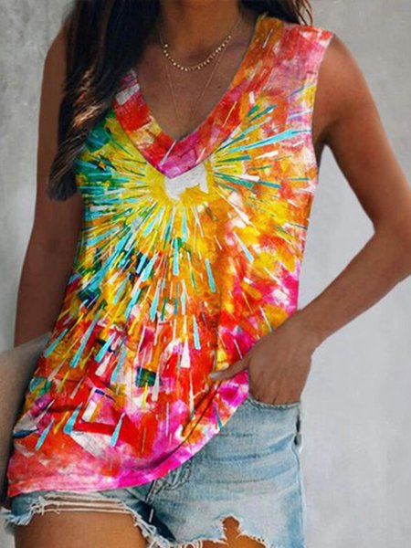 

Loose lace up rainbow gradient print top T-shirt vest Plus Size, Multicolor, Tanks & Camis
