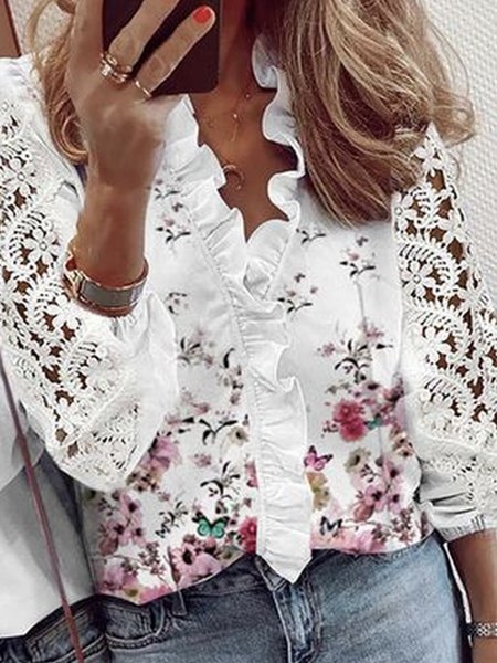

Floral Loosen Vacation Long Sleeve Blouse, White, Shirts & Blouses