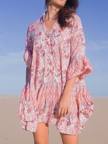 

Boho Casual Paisley Floral Print V-neck Tiered Sleeveless Mini Dress, Pink, Mini Dresses