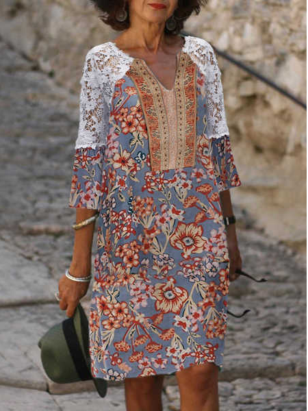 

Floral Loosen V Neck Casual Short Sleeve Women Dress, Multicolor, Dresses