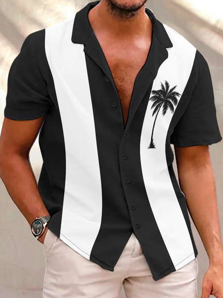 

Mens Casual Hawaiian Coconut Tree Print Short Sleeve Shirt, Black, Short Sleeves Shirts