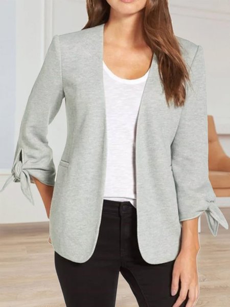 

Collarless Long Sleeve Cardigan Nipped Waist Sleeve Knotable Casual Jacket, Gray, Cardigans