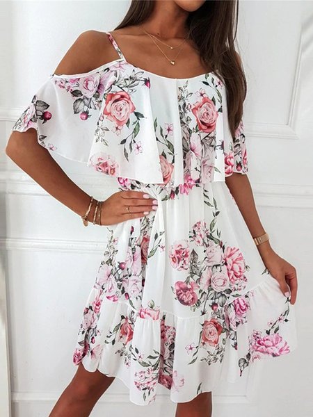 

Floral Short Sleeve Plus Size Casual Spaghetti Dresses, White, Mini Dresses