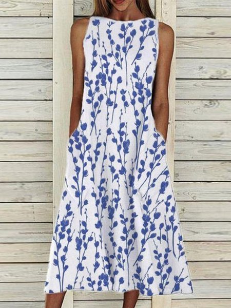 

Casual Pockets Floral Sleeveless Dresses, Blue, Midi Dresses