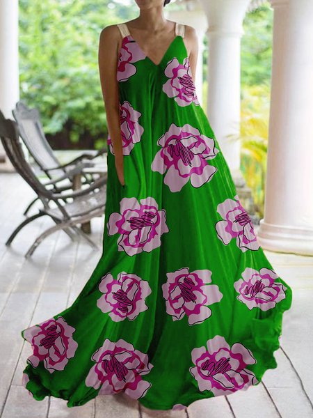 

Holiday Printed Floral Sleeveless V Neck Maxi Dress, Green, Maxi Dresses
