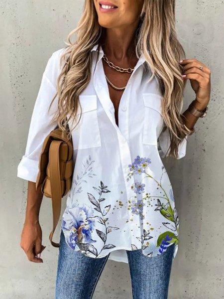 

Casual Daily Printed Shirt Collar Blouse, White, Blouses and Shirts