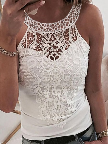 

Sexy Lace Crew Neck Skinny Solid Sleeveless Vests, White, Tank Top