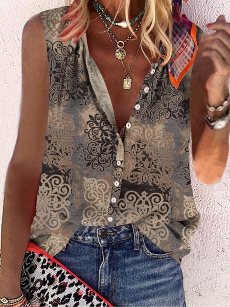 

Casual Sleeveless Stand Collar Plus Size Printed Blouses, As picture, Blouses & Shirts