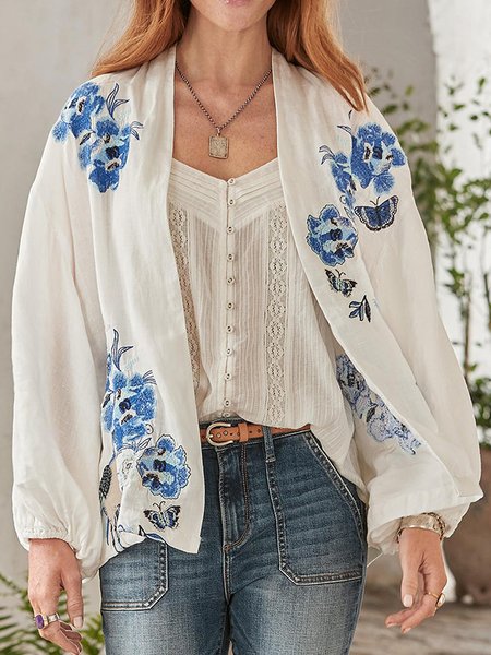 

Casual Vacation Cotton Blends Floral Vacation Cardigan, White, Cardigans