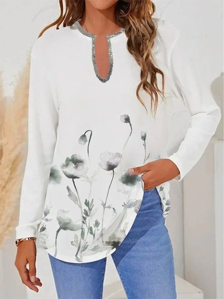 

Loosen Notched Cotton Blends Long sleeve tops, White, Tops