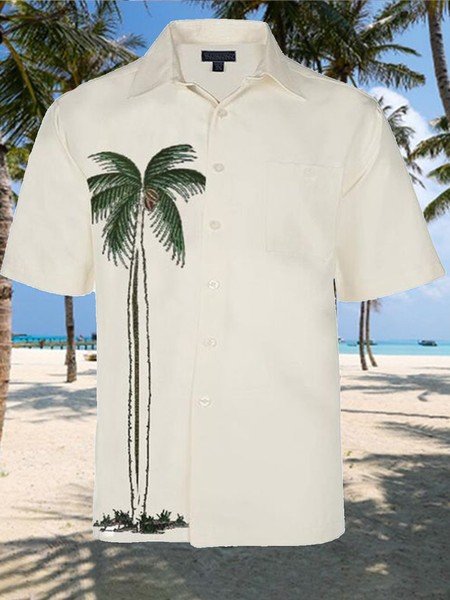 

Cotton Linen Style Hawaiian Plant Leaves Coconut Tree Embroidered Linen Men's Short Sleeve Shirt, White, Shirts & Blouses