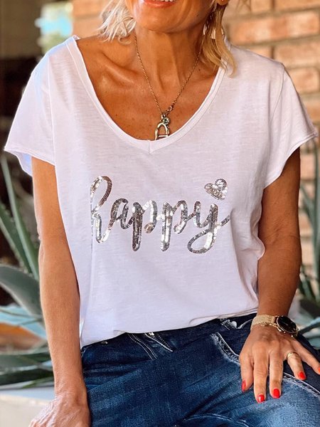 

Casual Letter V Neck Short Sleeve T-Shirt, White, T-Shirts