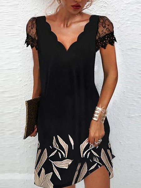

vacation beach floral midi dress Party Regular Fit V Neck Short Sleeve Knit Dress, Black, Floral Dresses