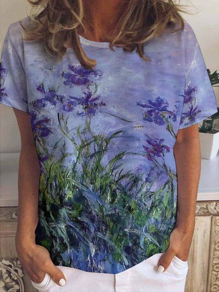 

Blue Floral Print Women's Short Sleeve T-Shirt, As picture, T-shirts