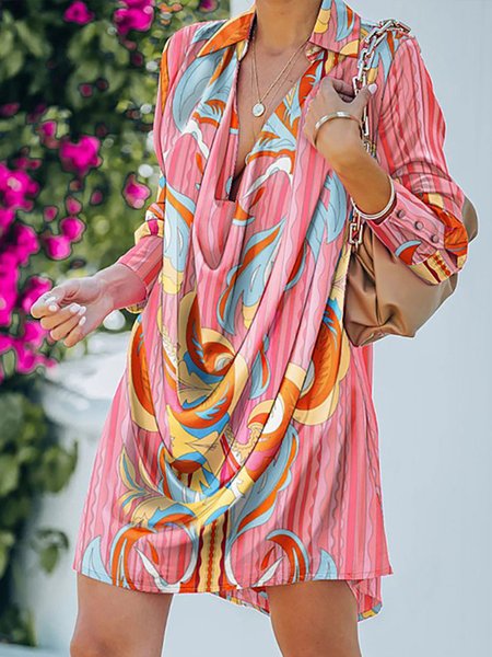 

vacation Geometric floral Loosen mini dress Shirt Collar Long Sleeve Woven Dress, Pink, Summer Dresses