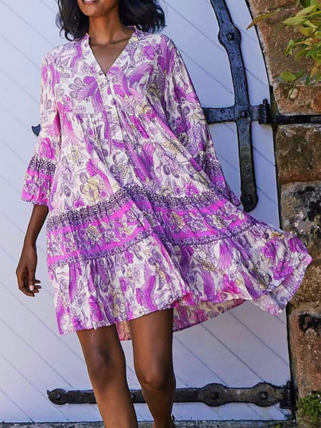 

Paisley Floral Print V-neck Tiered Loosen Three Quarter Mini Dress, Purple, Dresses