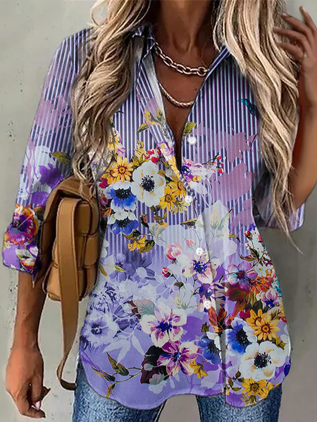 

Vacation Floral Shirt Collar Long Sleeve Blouse, Purple, Shirts & Blouses