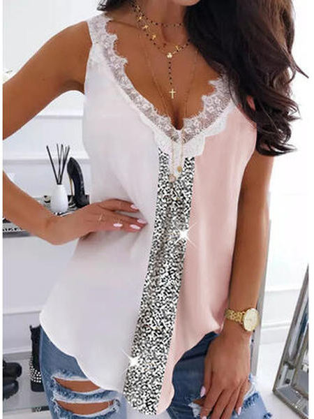 

V Neck Loosen Geometric Knit Tank, White, Tanks & Camis