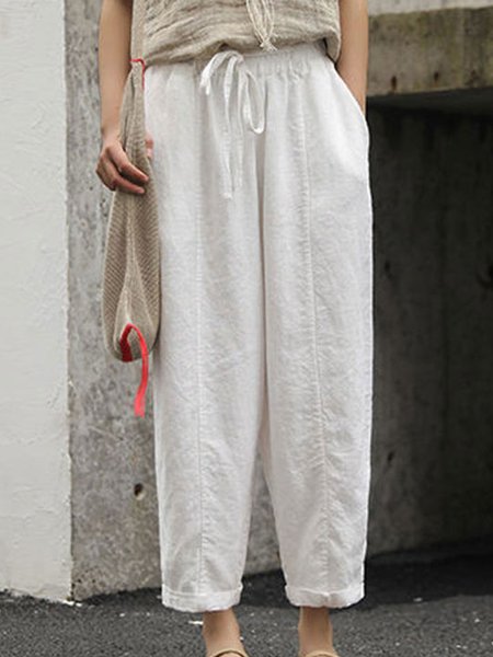 

Cotton Casual Solid Loosen Pockets Ninth Pants, White, Pants