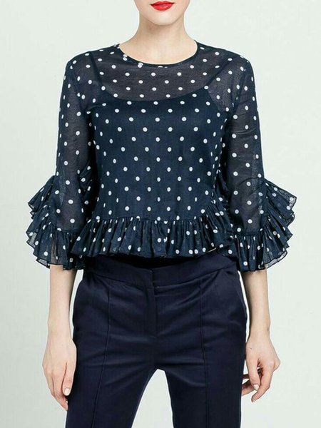 

Crew Neck Solid Elegant Regular Fit Top, Blue, Tops