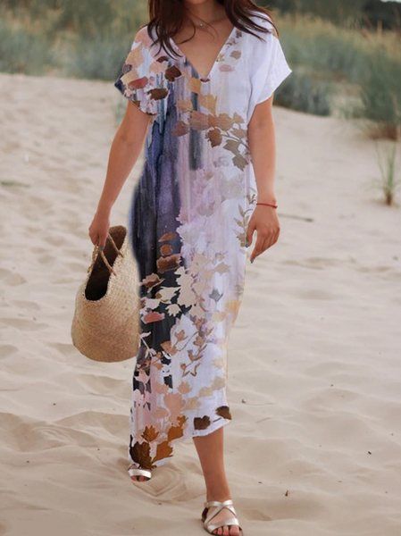 

Plants Boho V Neck Short Sleeve Woven Dress, Multicolor, Maxi Dresses