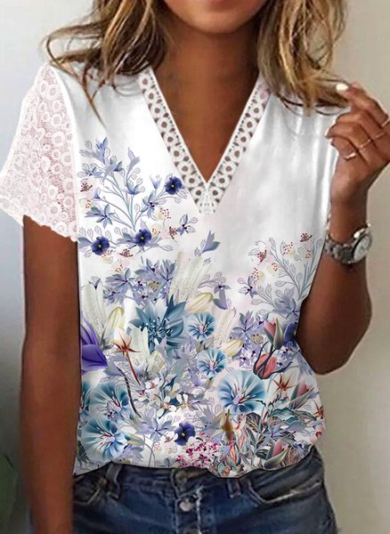

Loosen Floral Cotton Blends Short Sleeve T-Shirt, White, T-Shirts