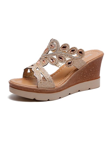 

Rhinestone Cutout Glitter Bohemian Wedge Slippers, Golden, Sandals & Slippers